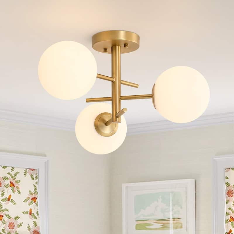 Mid-Century 3-Light Round Milky Glass Sputnik Semi Flush Ceiling Light
