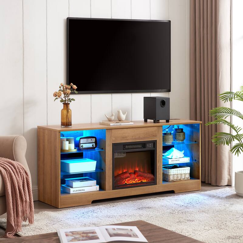 58'' TV Stand for TVs up to 62'' with 18'' Electric Fireplace, LED Lights, Glass Shelves, USB Charging Ports and Power Outlets