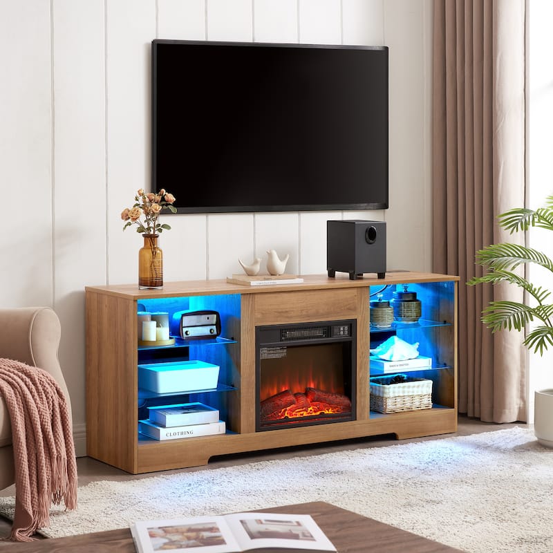 TV Stand Electric Fireplace TV Stand with Glass Shelves