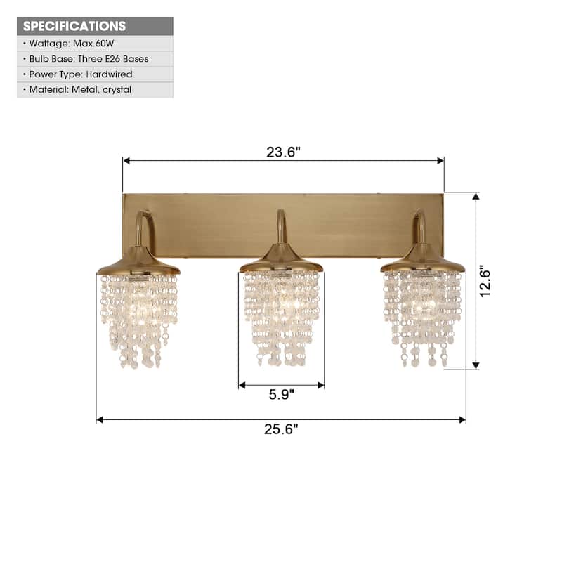 Modern 3-Light Crystal Dimmable Wall Vanity Light Fixture - 25.5-inch W x 11-inch H