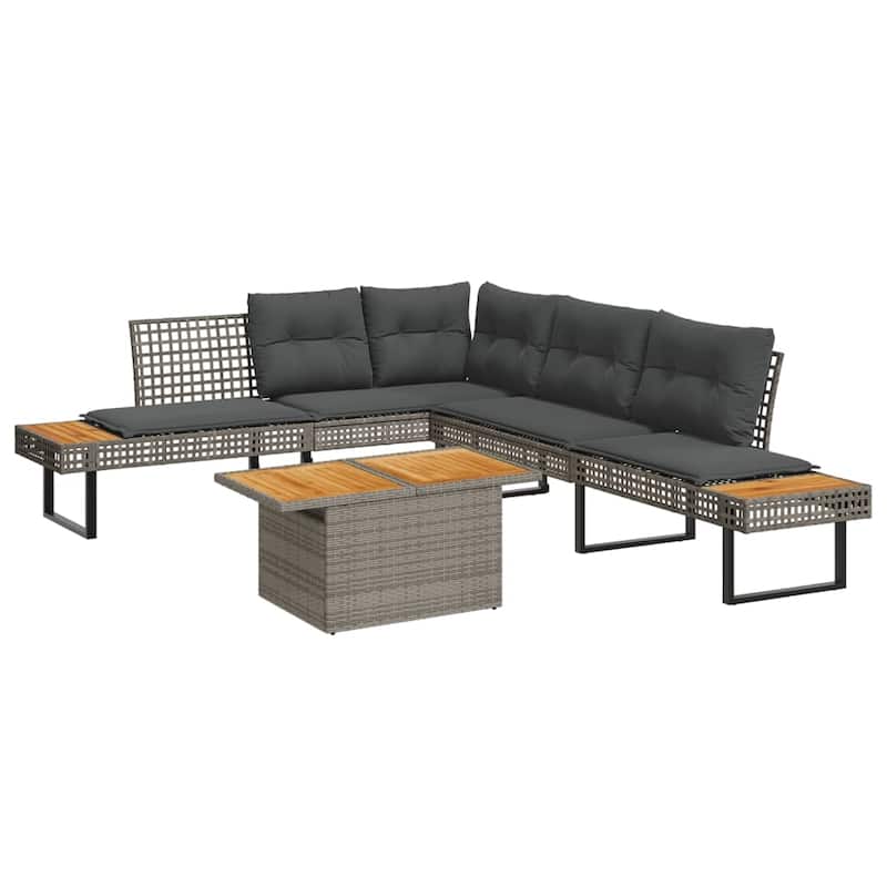 vidaXL 2 Piece Patio Sofa Set with Cushions Outdoor Poly Rattan and Acacia - 111.0 x 89.8 x 29.1 - Grey-adjustable tabletop