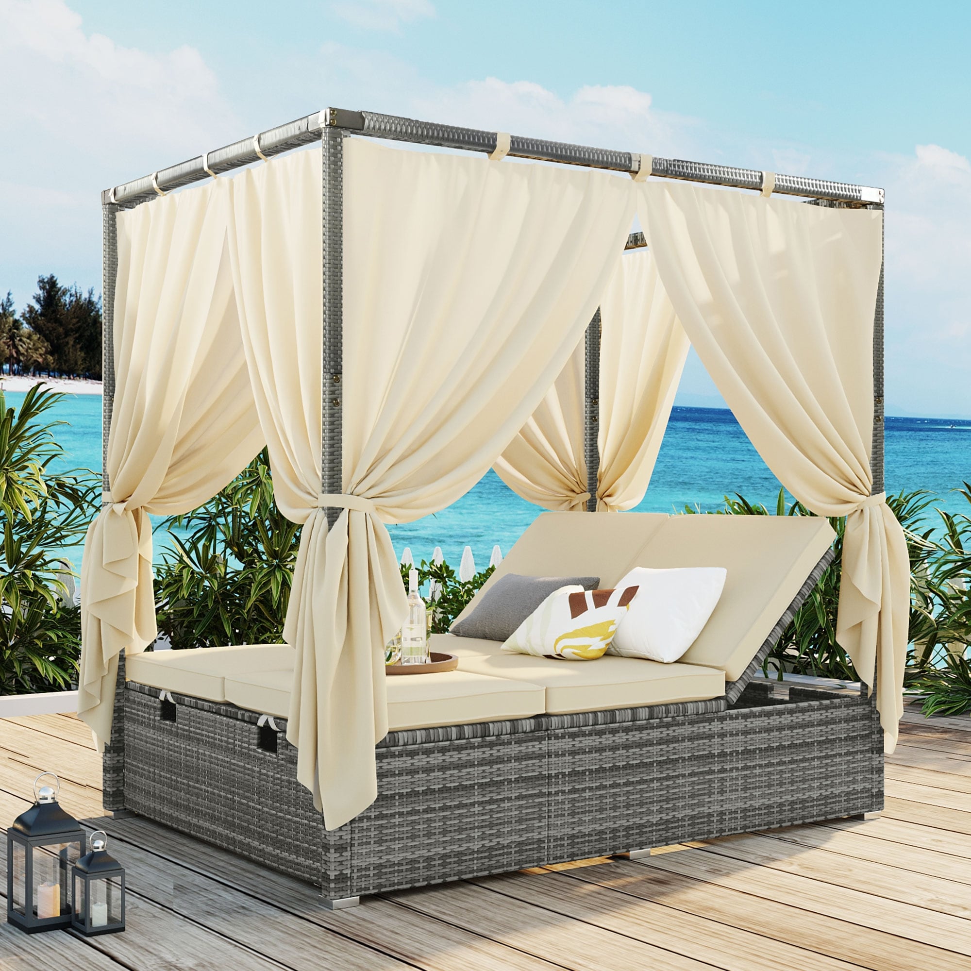 Outdoor Adjustable Canopy Sunbed Sofa Poly Rattan Loveseat Set Patio Bed with Curtain and High Comfort Polyester Cushion Bed Bath Beyond 40326828