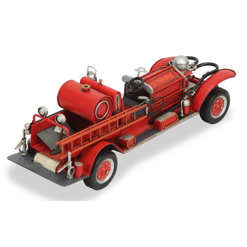 HomeRoots 6" Red and Silver Metal Hand Painted 1920's Fire Truck Model Car - 5.25' X '5.75' X '16