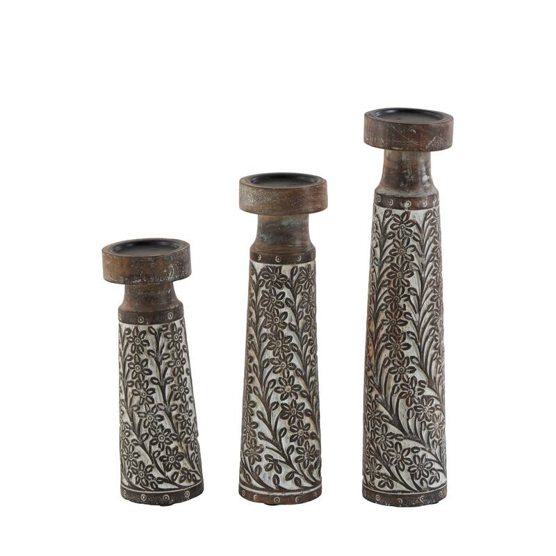 Mango Wood Floral Handmade Carved Pillar Candle Holder with Cream Accents - Set of 3 Brown - Roche River Decor