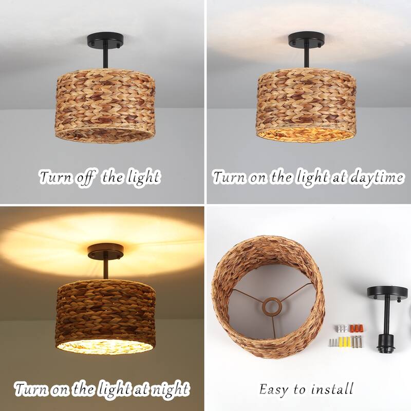 1-Light Semi-Flush Mount Lighting with Drum Shade, Classic Semi Flush Mount Chandelier for Living Room Kitchen Dining Foyer