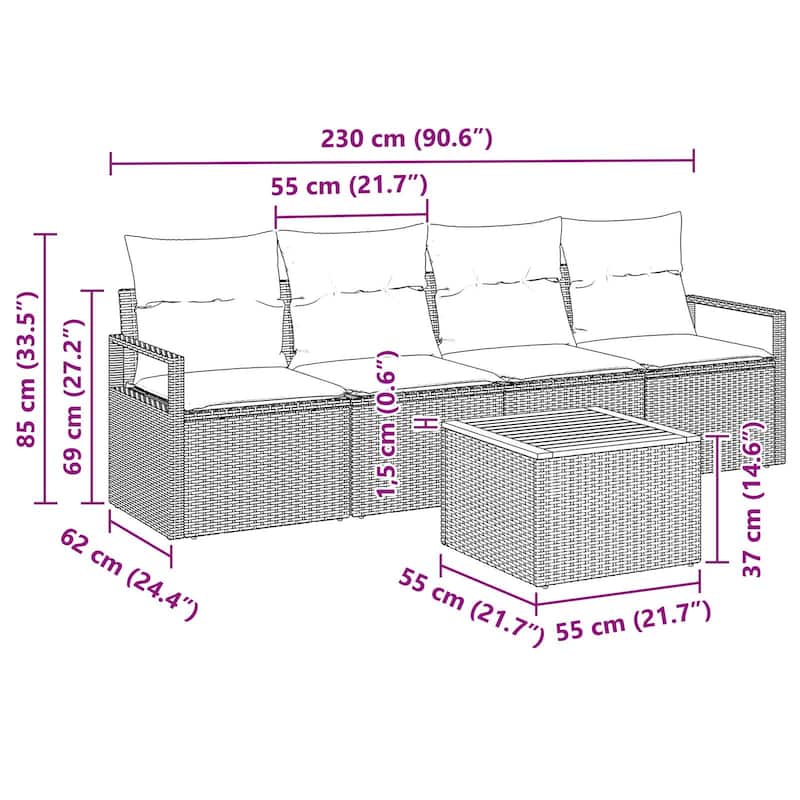 vidaXL 5 Garden Sofa Set with Cushions Black/Grey Poly Rattan - 90.6 x 24.4 x 27.2