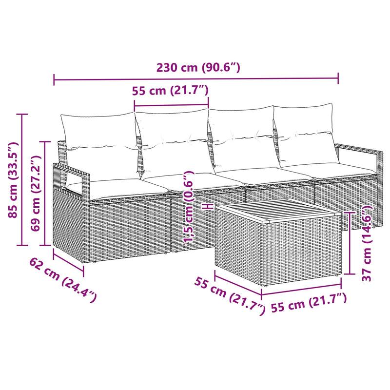vidaXL 5 Piece Garden Sofa Set with Cushions - Black Poly Rattan Acacia - 90.6×24.4×27.2