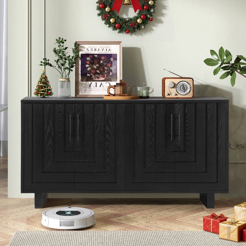 Modern 59" Sideboard Storage Cabinet with 4-Door and Metal Handles for Home Organization - Black