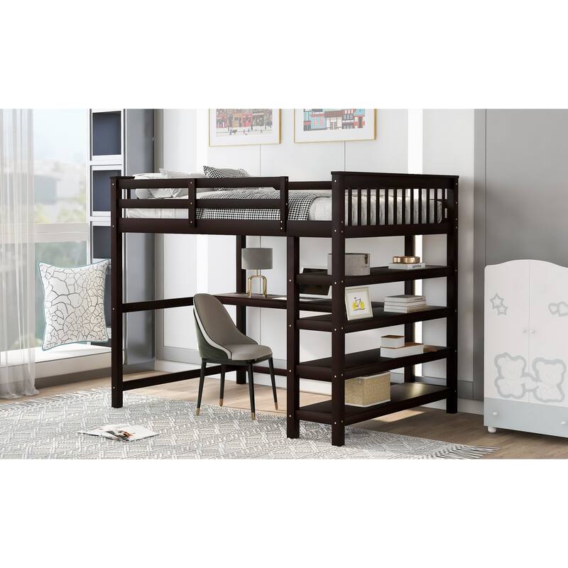Full/Twin Loft Bed with Integrated Desk and Shelves, Space-Saving Wooden Frame, Durable Pine Wood and MDF, Guardrails Included