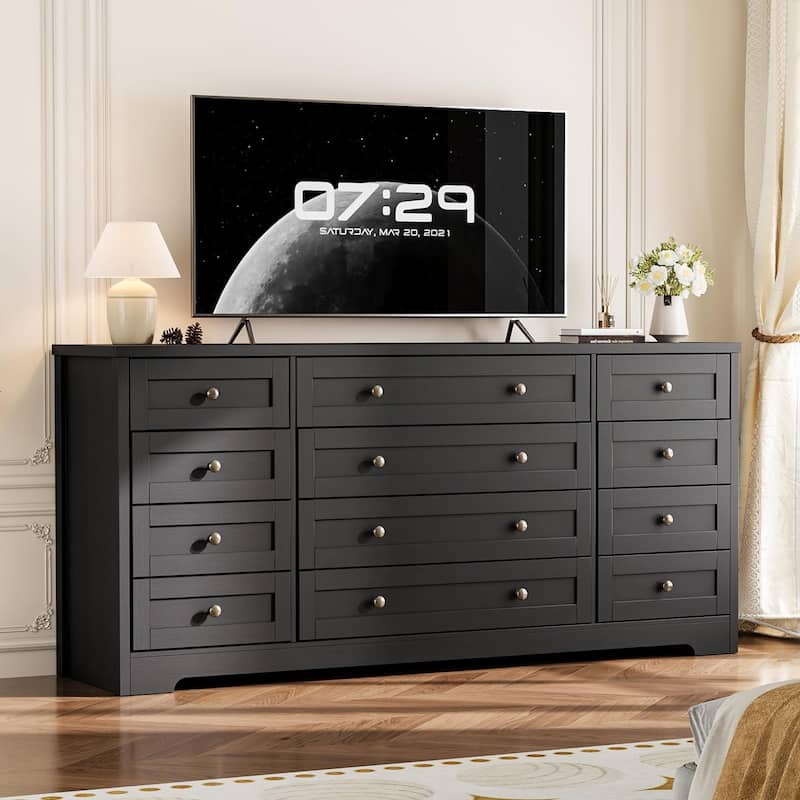 12 Drawer Dresser for Bedroom, Modern Wood Chest with Wide Top for 65" TV, Farmhouse Storage Cabinet