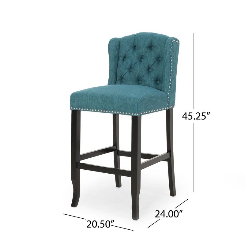 Seliva Barstool Chair Set of 2, Teal Fabric, Tufted Back, Brown Rubberwood