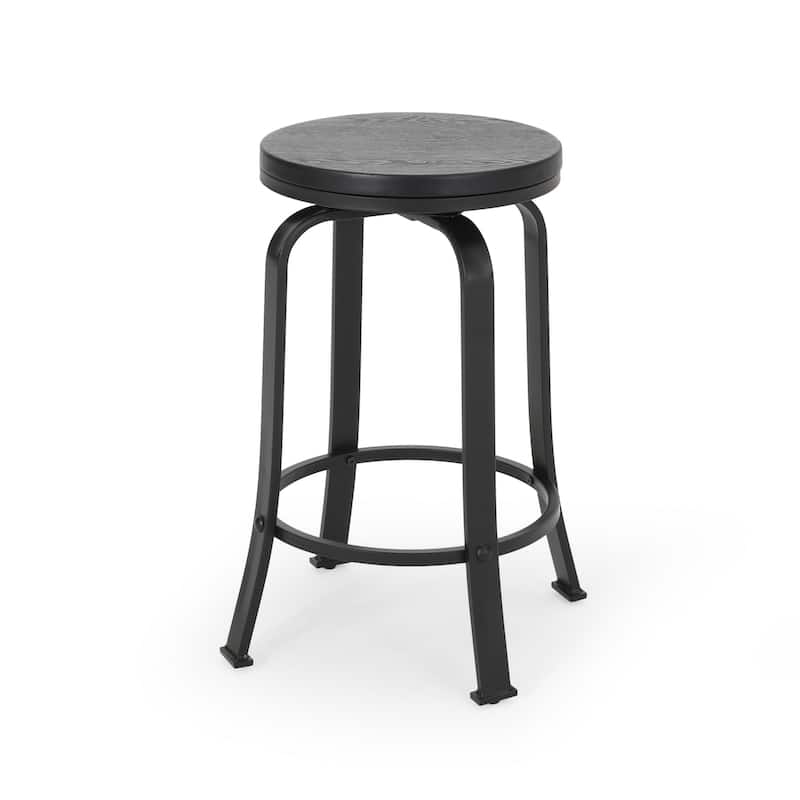 Lni Swivel Counter Stool Set of 2, Faux Wood Seat w Curved Black Metal