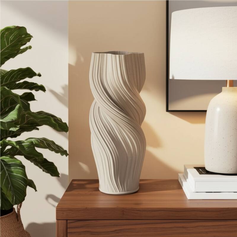 Stoneware Vase Spiral Sculptural Textured Swirling Form - 6.75" x 6.75" x 16"