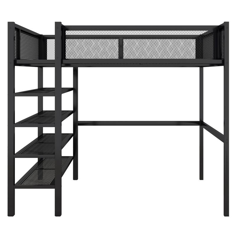 Twin/Full Metal Loft Bed with Built-in Desk, Shelves, and Storage, Modern Design