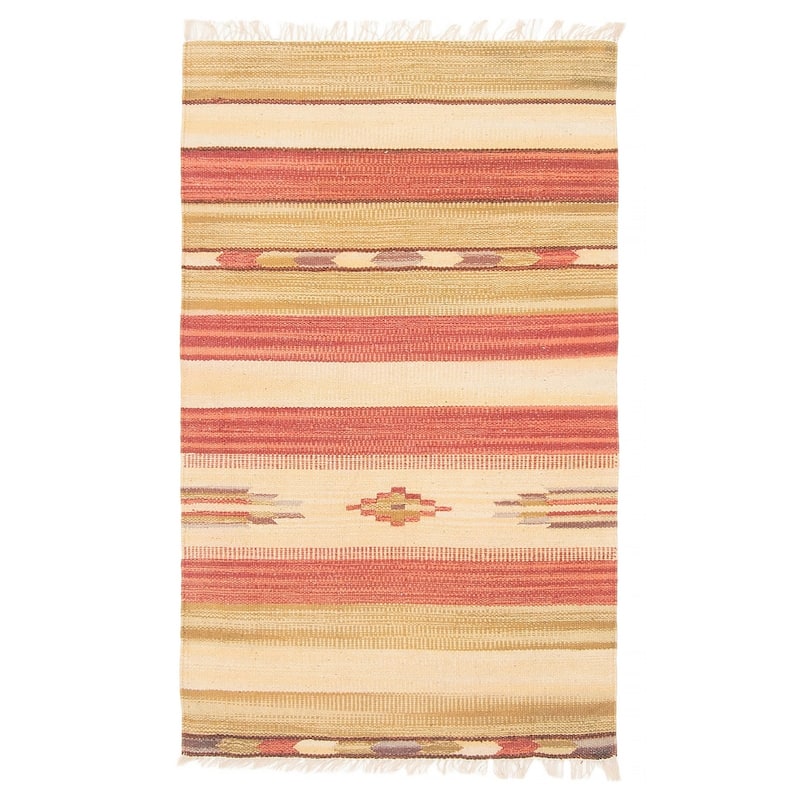 ECARPETGALLERY Flat-Weave Bold and Colorful Cream Wool Kilim - 2'0 x 3'3 - Cream - 2'0 x 3'3