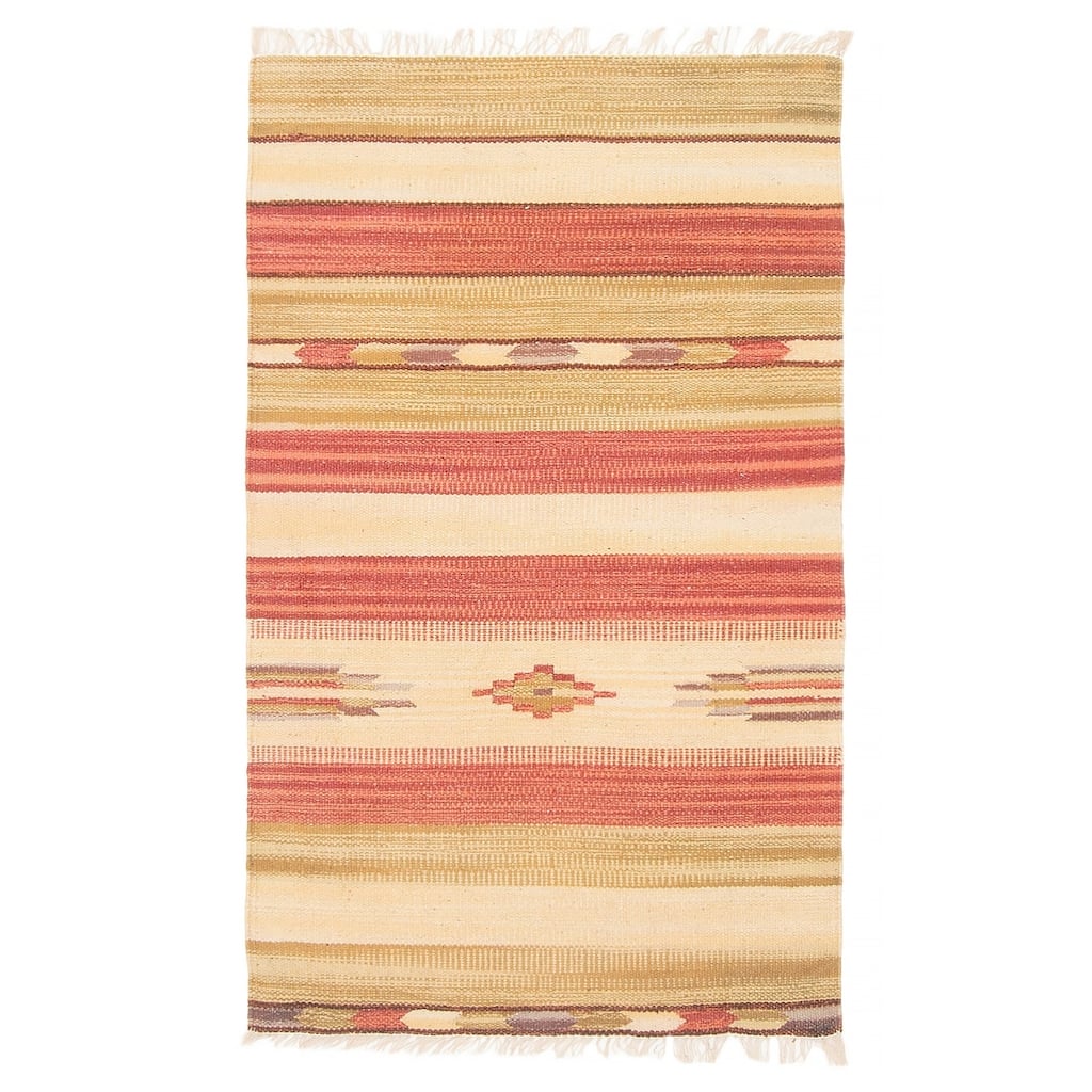ECARPETGALLERY Flat-Weave Bold and Colorful Cream Wool Kilim - 2'0 x 3'3