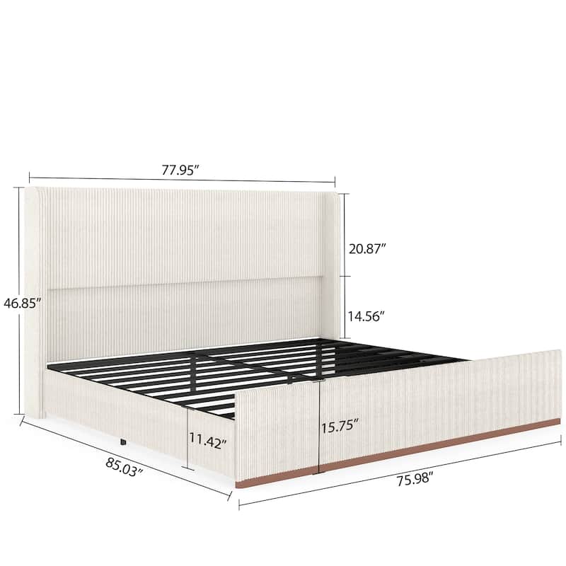 Corduroy Upholstered Platform Bed, Wingback Headboard Bed Frame