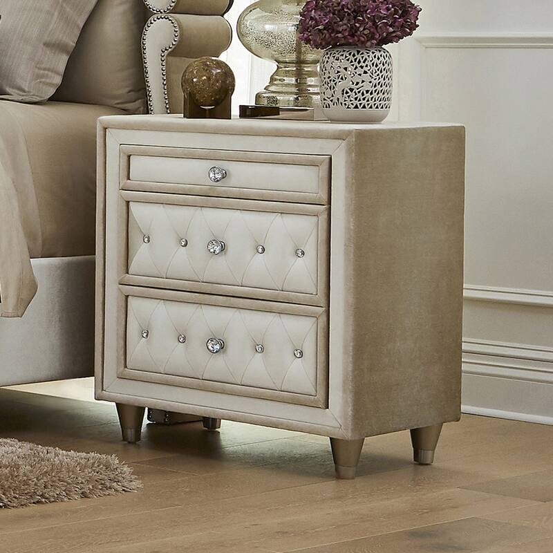 3 Drawers Velvet Nightstand in Ivory and Camel