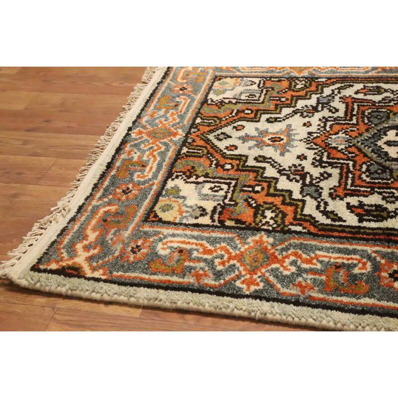 Hand Knotted Oriental 100% Wool Carpet Traditional Geometric Beige & Ivories Heriz (serapi) Runner Rug - 8' 1'' X 2' 7''
