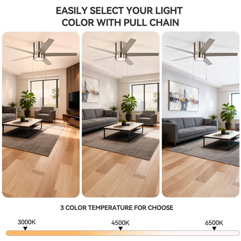 52 in. Indoor Flush Mount Ceiling Fan with 5 Blades & 18W 3CCT LED - 3 Finish Options, Pull Chain Control