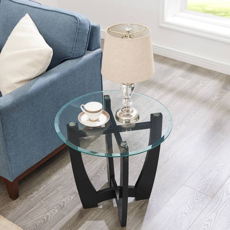 23.5 Inch Round Glass Coffee Table, Cherry Round Coffee Table Center Table With Glass Top, Small Coffee Table