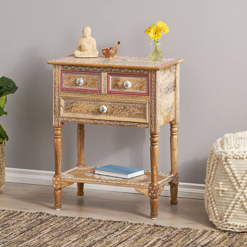 23.75" Modern Wooden End Table with Three Drawers and Open Bottom Shelf for Living Room or Bedroom