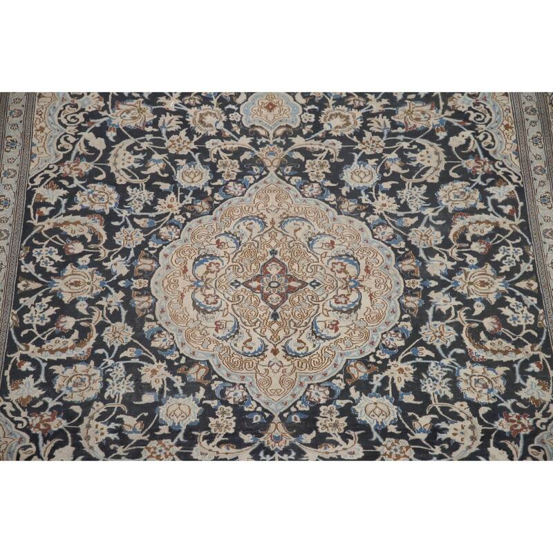 Hand Knotted Oriental 100% Wool Carpet Traditional Floral Black Nain Area Rug - 11' 9'' X 7' 11''