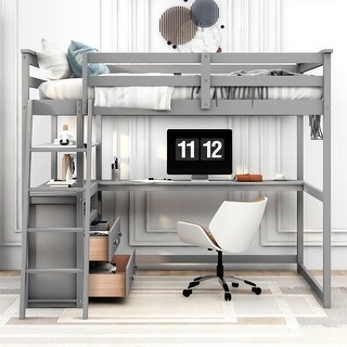 Full Size Wooden Loft Bed with Built-in Desk and Shelves,Two Drawers and Sloping Ladder