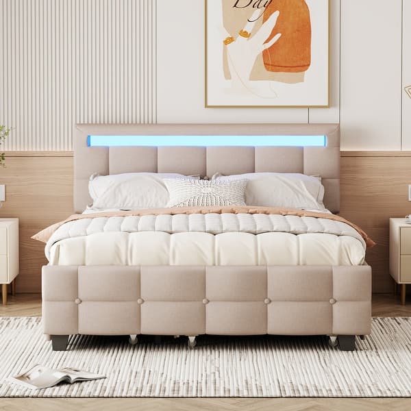 slide 2 of 15, Queen Size Linen Upholstered Platform Bed w/ Twin XL Size Trundle & 2 Drawers, LED Light Bunk Bed for Kids Teens Adults, Beige Beige