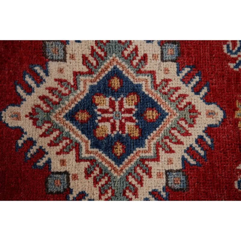 Red Geometric Kazak Runner Rug Hand-Knotted Wool Carpet - 2'7" x 9'8"