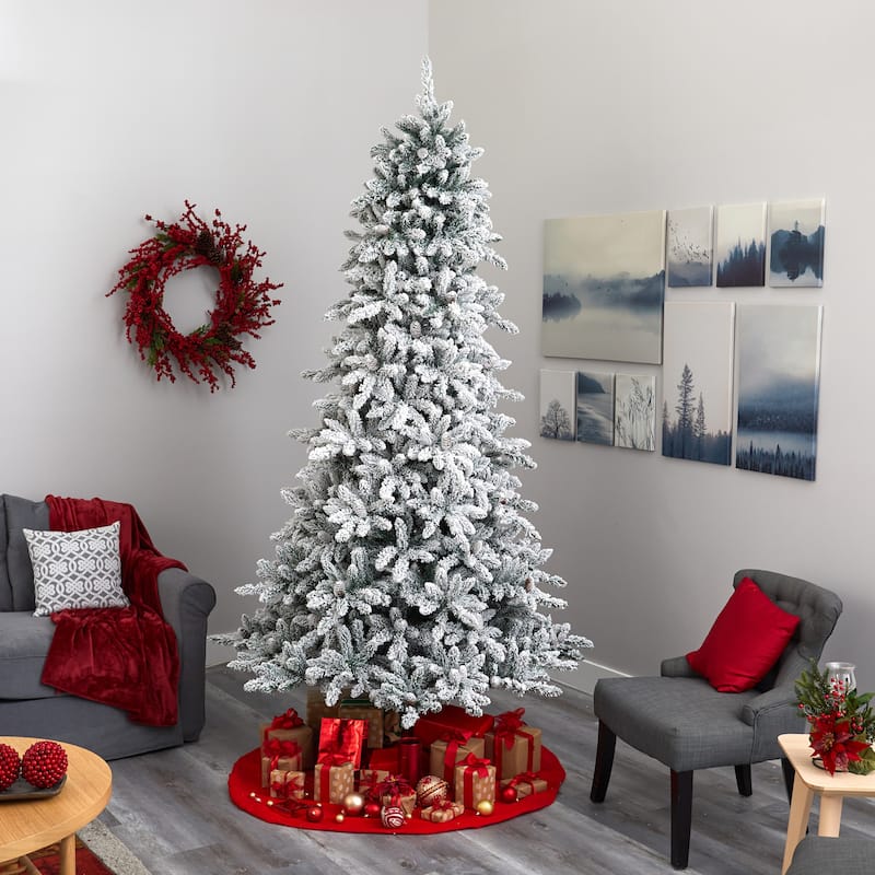 9’ Pre-Lit Flocked Livingston Fir and Cones Artificial Christmas Tree, Warm Clear LED Lights - 9 Foot