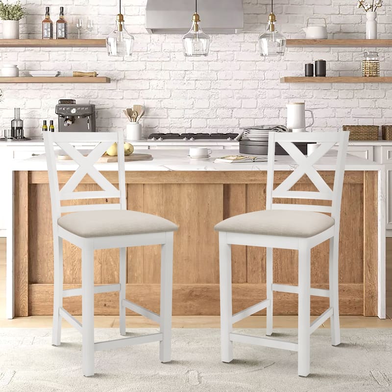 Set of 2 Counter Bar Stools - Upholstered w/Comfort Cross Back & Solid Wood Legs for Kitchen Island