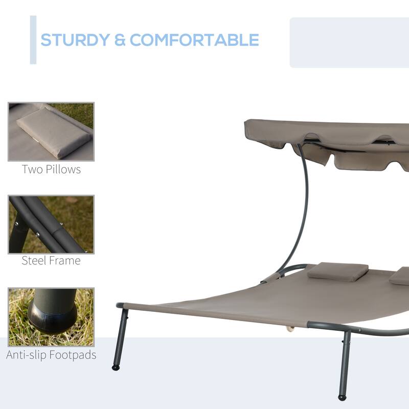 Outsunny Patio Double Chaise Lounge Chair, Outdoor Wheeled Hammock Daybed with Adjustable Canopy and Pillow