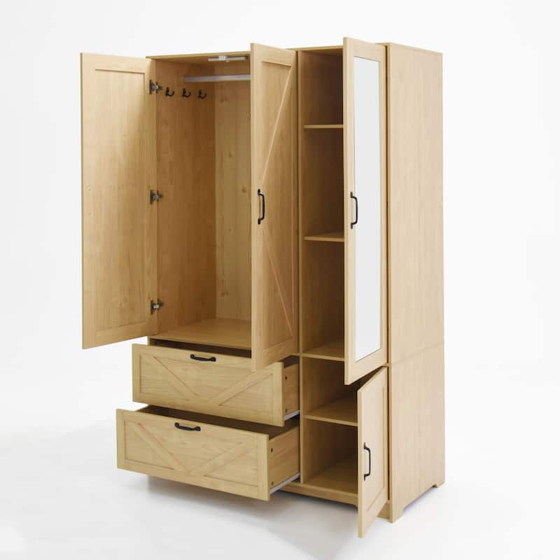 4-Door Wardrobe Closet with Mirror & LED Light, Wooden Storage Cabinet with Hanging Rod & Adjustable Shelves
