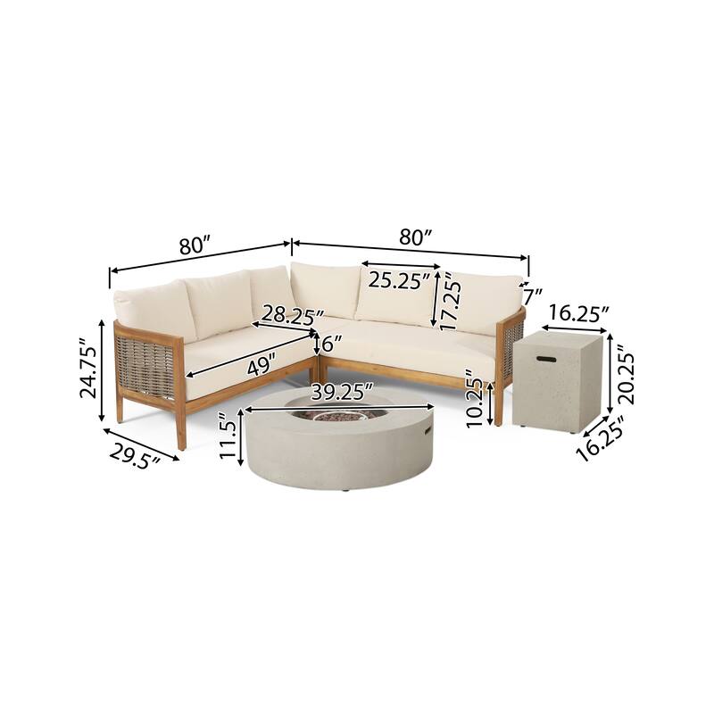Burchett Outdoor Acacia Wood and Round Wicker 5 Seater Sectional Sofa Chat Set with Fire Pit by Christopher Knight Home