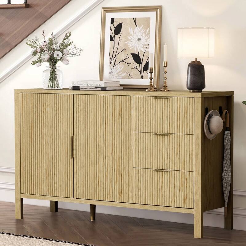 Modern Fluted 2-Door Sideboard with 3 Storage Drawers and Adjustable Hooks for Living Room,Entryway,Hallway