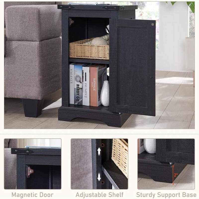 Farmhouse Nightstand with Charging Station, Wood Rectangular End Table
