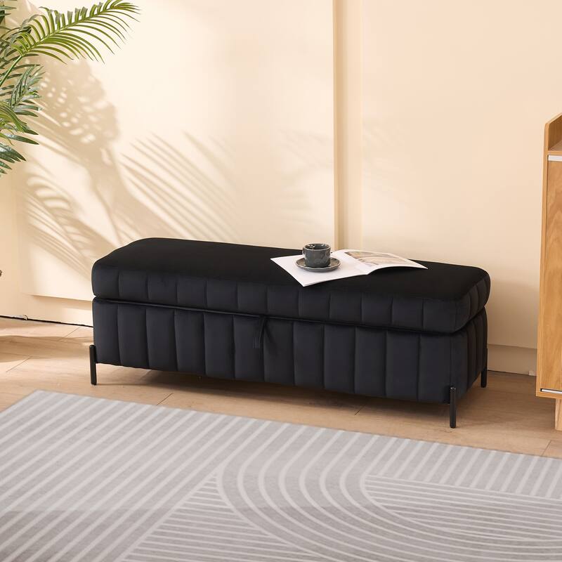 49.21" Velvet Upholstered Storage Bench, End of Bed Footstool Ottomanwith Metal Legs, Foot Rest for Bedroom, Entryway - Black