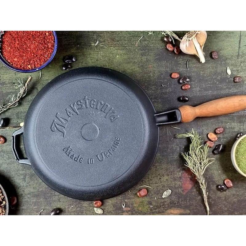 Cast Iron Frying Pan Brazier w/ Wooden Handle with Glass Lid