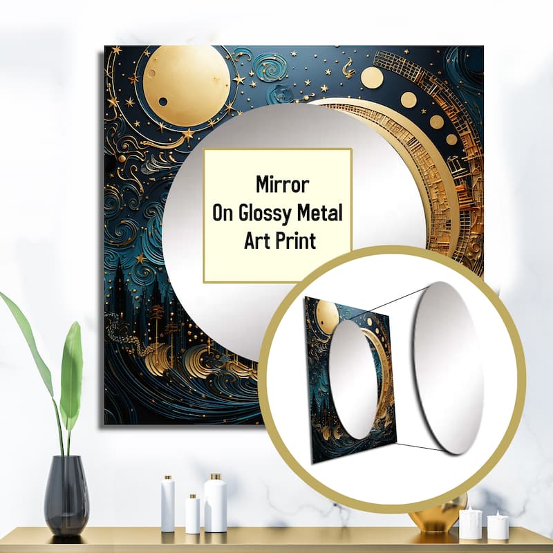 Designart "Moon Blue And Gold Cerulean Cycle Dreams I" Moon Wall Mirror Fantasy Large Square Printed Mirror For Hallway