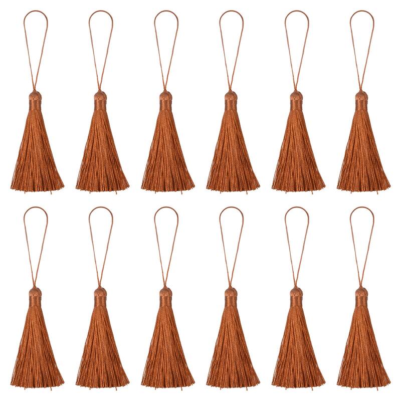 6.5" Silky Bookmark Tassels with Loop for DIY Craft Accessory, 12Pcs Light Brown - Light Brown