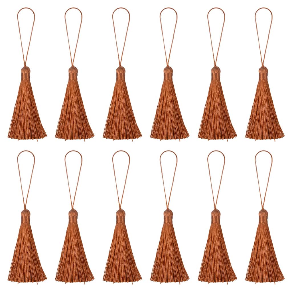 6.5" Silky Bookmark Tassels with Loop for DIY Craft Accessory, 12Pcs Light Brown - Light Brown