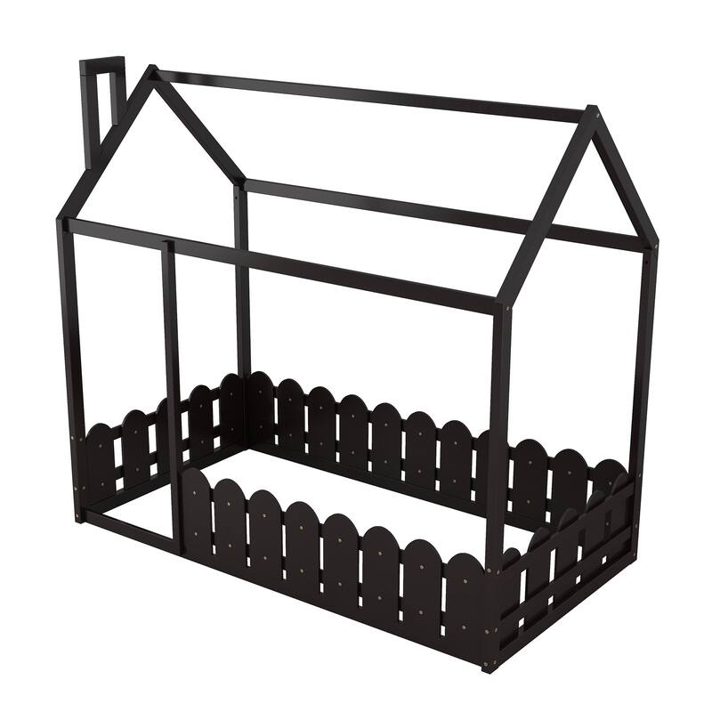 Wooden Twin House Bed with Pine Frame, Roof, and Fence, Perfect for Play and Sleep