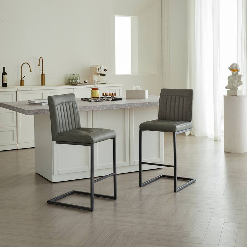 Set of 2 Bar Stool - 26-Inch Counter Height, Vertical Tufted Backrest, Sturdy Black Metal Frame with Footrest