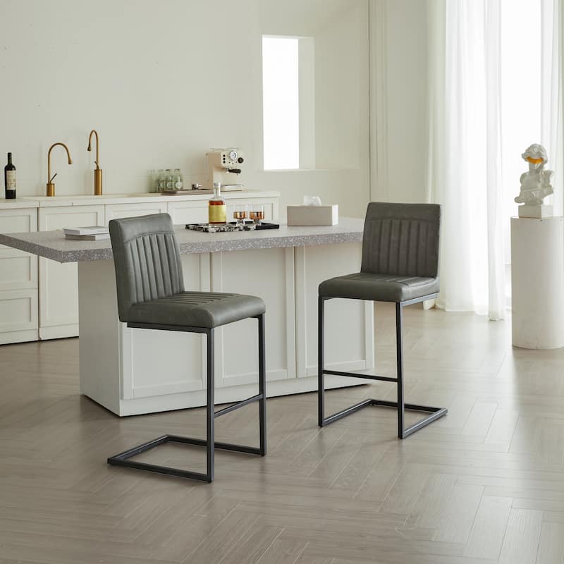 Set of 2 Gray Faux Leather Bar Stools, Vertical Tufted Backrest with Black Metal Frame & Footres
