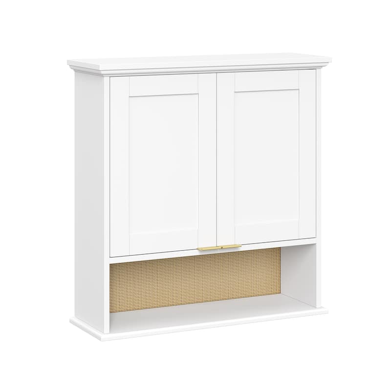 Two-Door Kitchen Wall Cabinet with Rattan Backboard - White