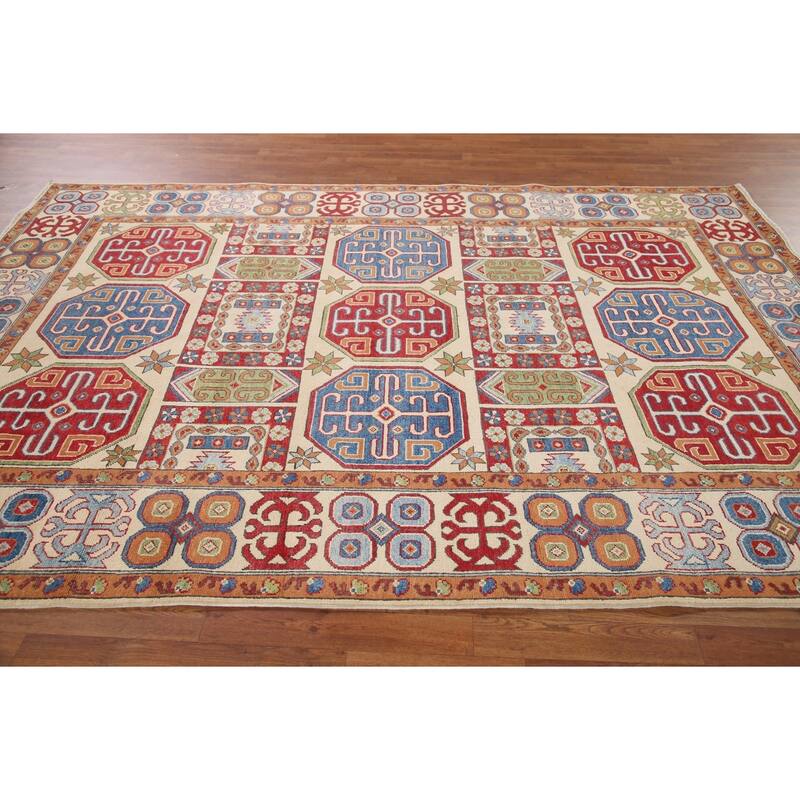Hand Knotted Oriental 100% Wool Carpet Traditional All-Over Beige & Ivories Kazak Area Rug - 9' 11'' X 6' 8''