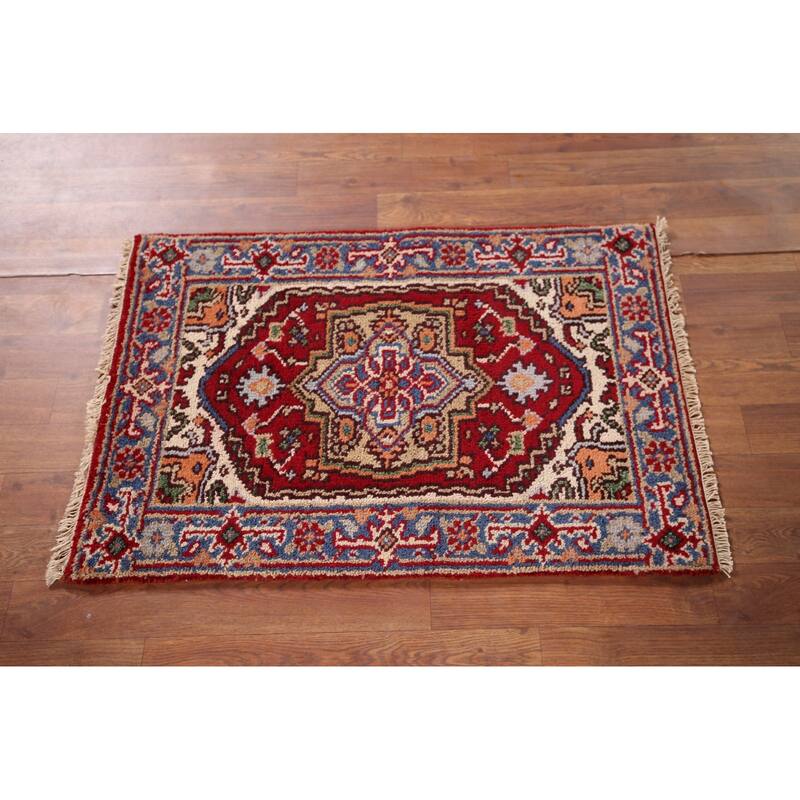 Red Heriz Serapi Indian Accent Rug Hand-Knotted Wool Carpet - 2'0" x 3'0"