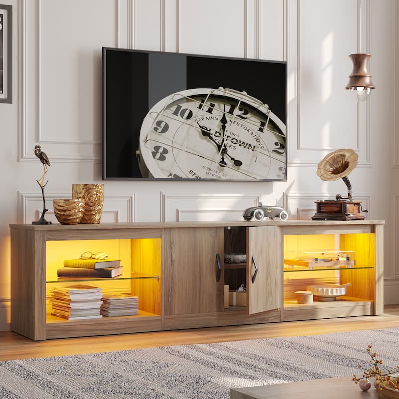 70 inch TV Stand 20 Color RGB Light Entertainment Center - Pinewood