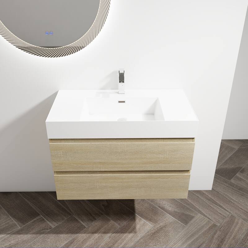 Vanity with Thick Edge Resin Sink, Soft-Close Drawers, Water-Resistant Melamine Surface (Sink and Cabinet Only)